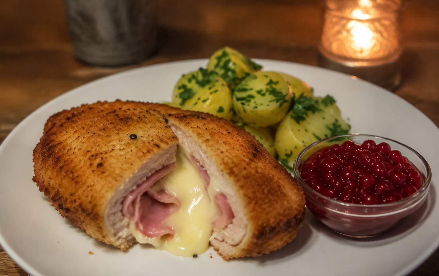 Aufgeschnittenes Cordon bleu mit fließendem Käse, Preiselbeeren und Petersilienkartoffeln