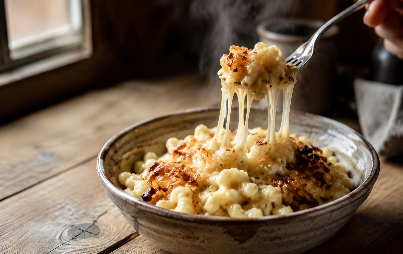 Kässpätzle mit ziehendem Käse und Röstzwiebeln in einer Keramikschüssel